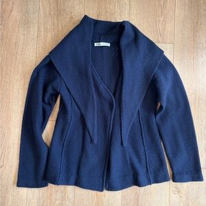 ZARA Navy Wool Blend Wrap Jacket Shawl Collar Tie Front Size S